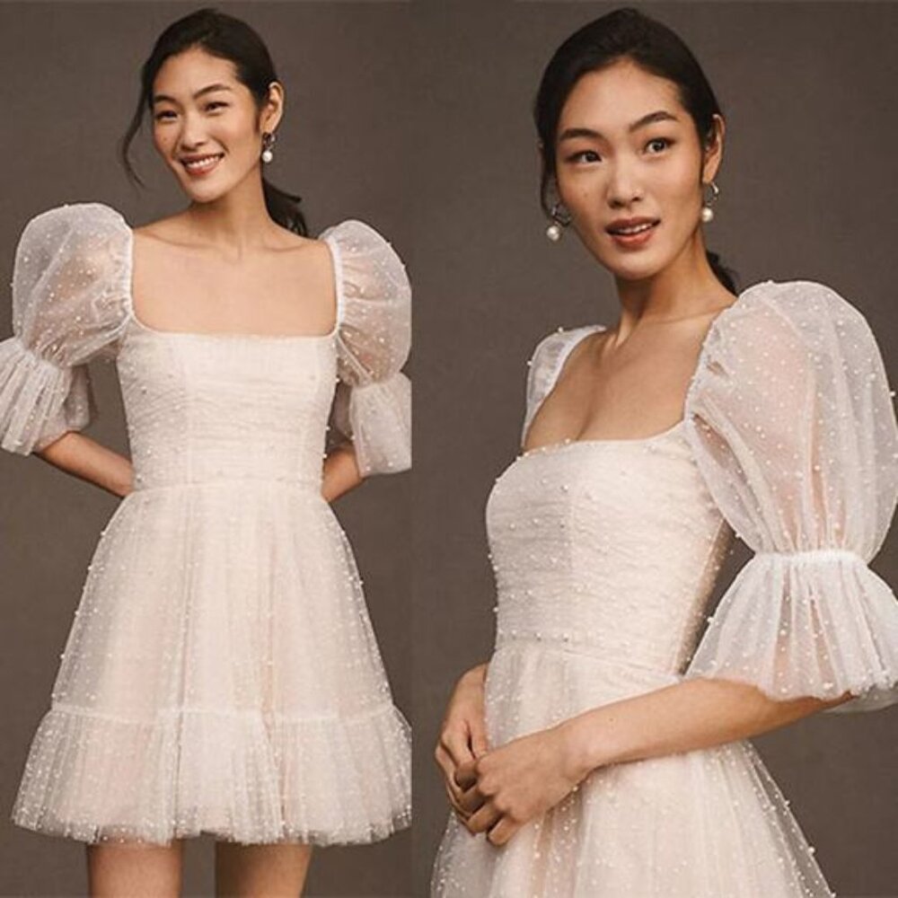 NEW By Watters Macaron Flock Dotted And Pearl Embellished Mini Dress Ivory